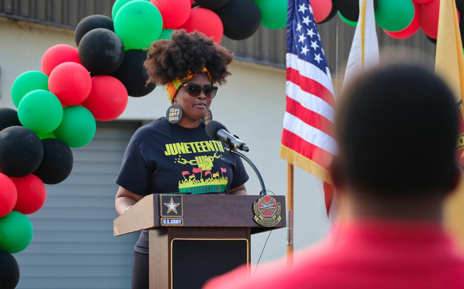 Domenique Marie, founder of the first-ever Juneteenth celebration at Camp Humphreys, South Korea, speaks to the nearly 1,000 people in attendance on Friday, June 19, 2020.
