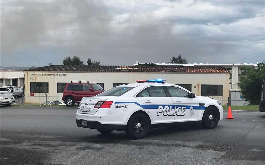 Smoke rises from a blaze that started just before 9 a.m. Monday, June 22, 2020, at the 18th Wing Hazardous Materials Pharmacy on Kadena Air Base. Authorities said it was contained by that afternoon.
