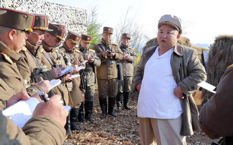 North Korean leader Kim Jong Un guides an army drill in this image released by the state-run Korean Central News Agency, April 10, 2020.