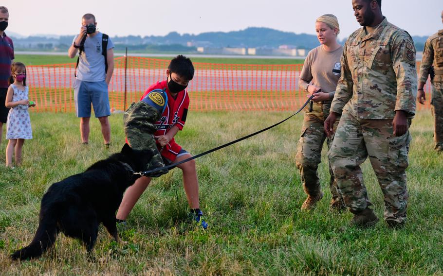 A young boy participates in a K-9 demonstration with the 51st Security Forces Squadron at Liberty Fest 2020 on Osan Air Base, South Korea, Saturday, July 4, 2020.



