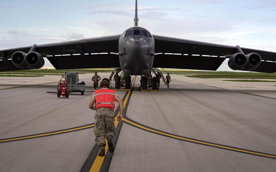 A U.S. Air Force B-52H Stratofortress from Barksdale Air Force Base, La., lands at Andersen Air Force Base, Guam, July 4, 2020. 