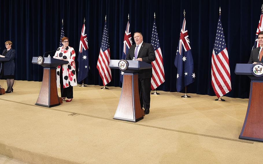 Secretary of State Mike Pompeo holds a news briefing with Defense Secretary Mark Esper, Australian Foreign Minister Marise Payne, and Australian Defense Minister Linda Reynolds at the State Department on July 28, 2020.