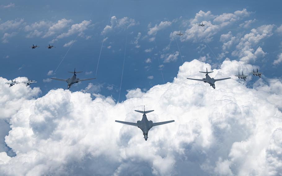 U.S. Air Force B-1 bombers fly over the Pacific Ocean during a large-scale joint and bilateral integration training exercise on Aug. 18, 2020.