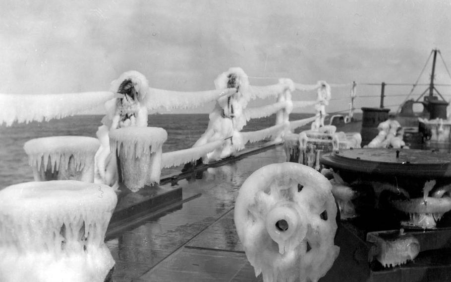 Thick ice coats the bow of the USS Concord during one of the cruiser's numerous missions in the Northern Pacific, in this photo taken sometime between March 1944 and August 1945. 