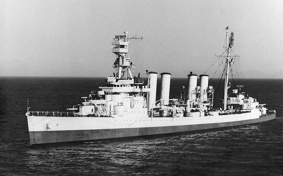 The USS Concord sits in waters off the Panama Canal Zone on March 14, 1944.