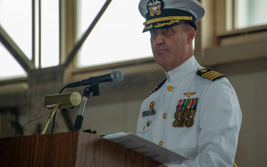 Capt. John M. Montagnet participates in a change-of-command ceremony at Naval Air Facility Atsugi, Japan, Thursday, Sept. 17, 2020. 