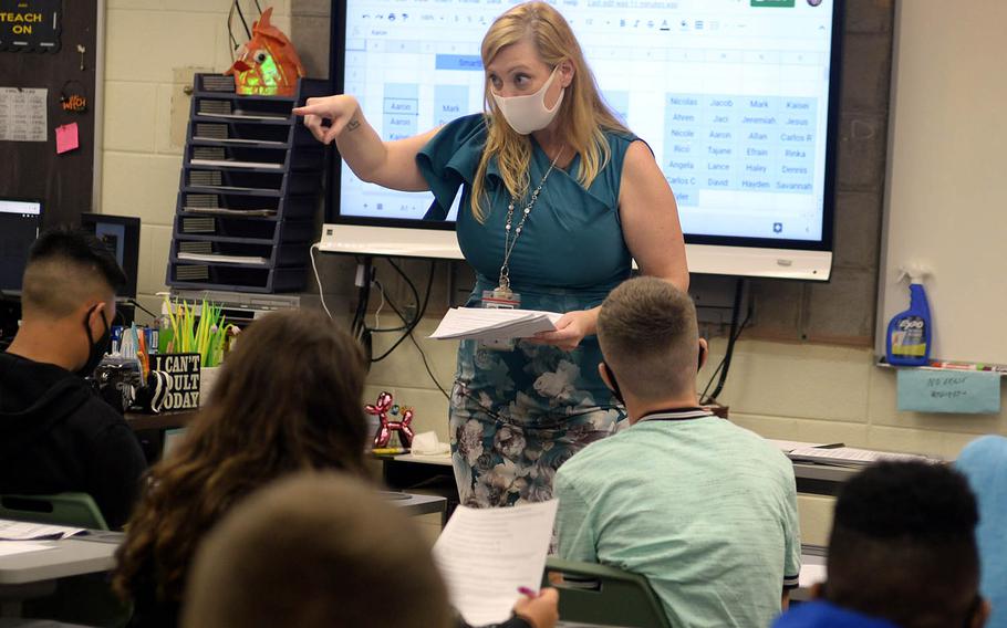 Language arts teacher Karmen Kincaid makes a point to her sophomore students Monday, Sept. 21, 2020, the first day of in-class instruction since late March at Kubasaki High School on Camp Foster, Okinawa.