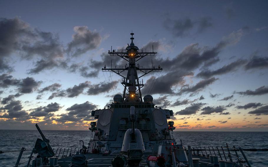 The guided-missile destroyer USS Barry sails through the Taiwan Strait between China and Taiwan, Nov. 20, 2020. 