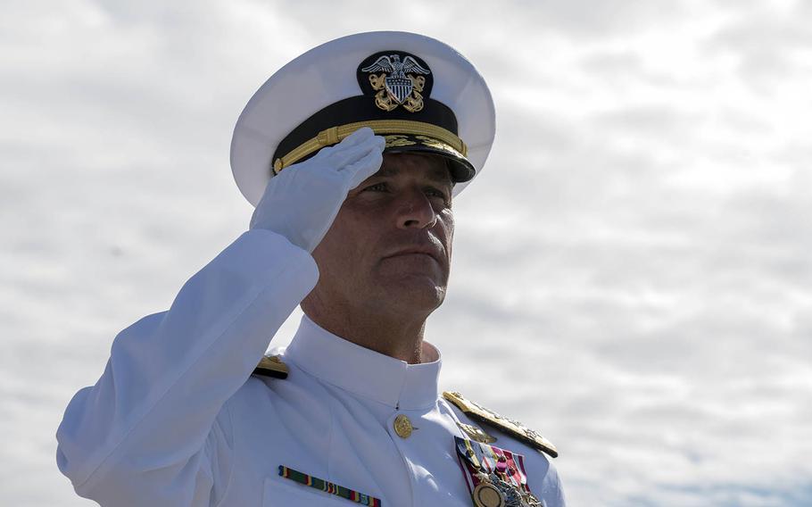 Adm. John Aquilino, commander of the U.S. Pacific Fleet, takes part in a change-of-command ceremony aboard the submarine USS Mississippi at Joint Base Pearl Harbor-Hickam, Hawaii, Feb. 21, 2019. 