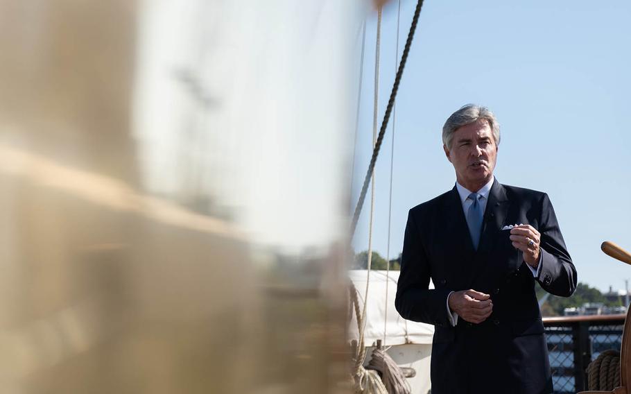 Secretary of the Navy Kenneth Braithwaite speaks aboard the museum ship Constellation in Baltimore, Md., Oct. 7, 2020. 