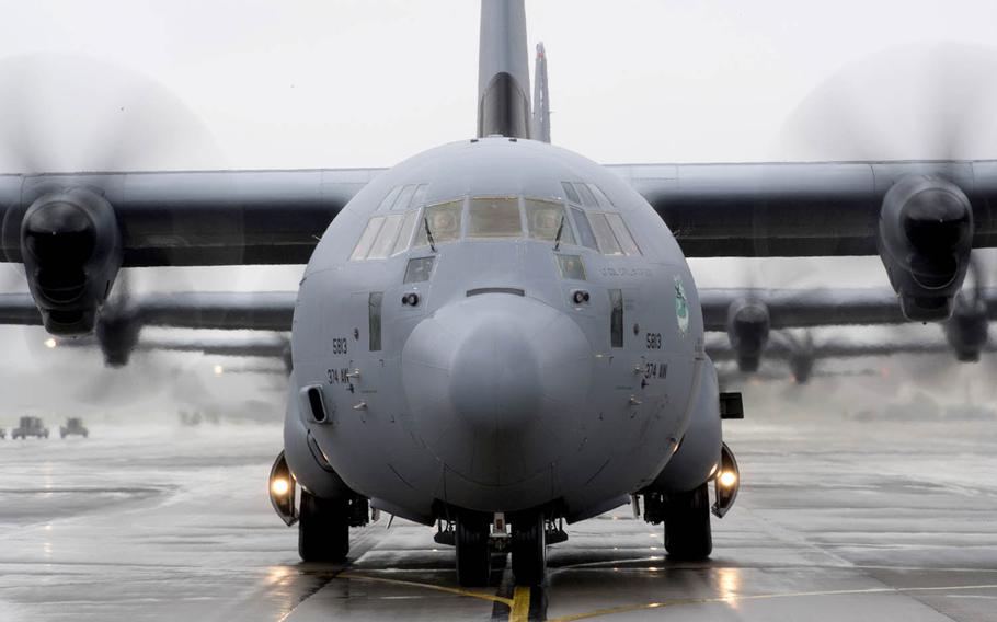 A C-130J Super Hercules assigned to the 36th Airlift Squadron taxis during the elephant walk portion of the Samurai Surge exercise at Yokota Air Base, Japan, May 21, 2020. 