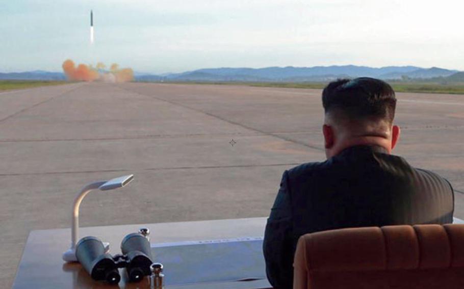 This image of North Korean leader Kim Jong Un watching a launch was released by the Korean Central News Agency a day after Pyongyang test-fired a missile over Japan on Sept. 15, 2017. 