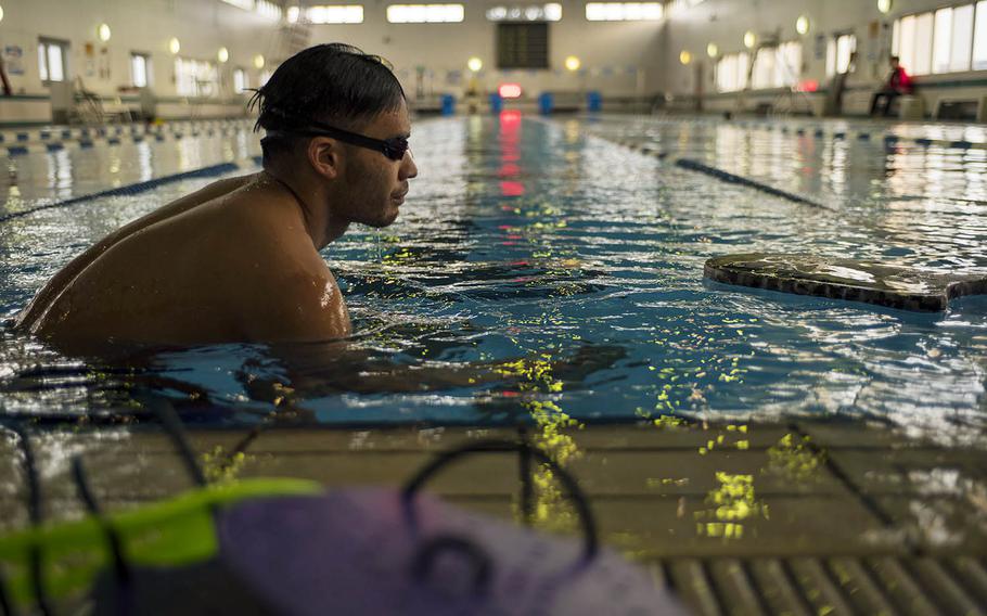 Shotaro Shimazaki, 27, a swimming instructor at Yokota Air Base, Japan, is a competitive breaststroker who plans to enter trials that will determine who competes for Japan at the summer games in Tokyo.