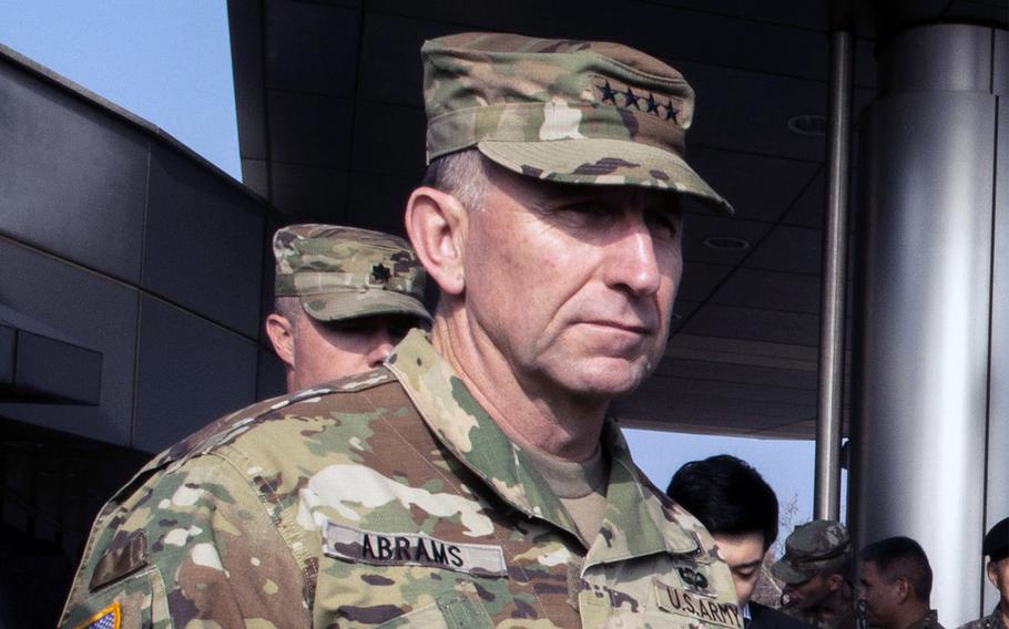 U.S. Army Gen. Robert B. Abrams, U.S. Forces Korea commander, shown here in November 2018, on Dec. 23, 2020, said he expected the Moderna vaccine for COVID-19 to arrive at USFK within days.
