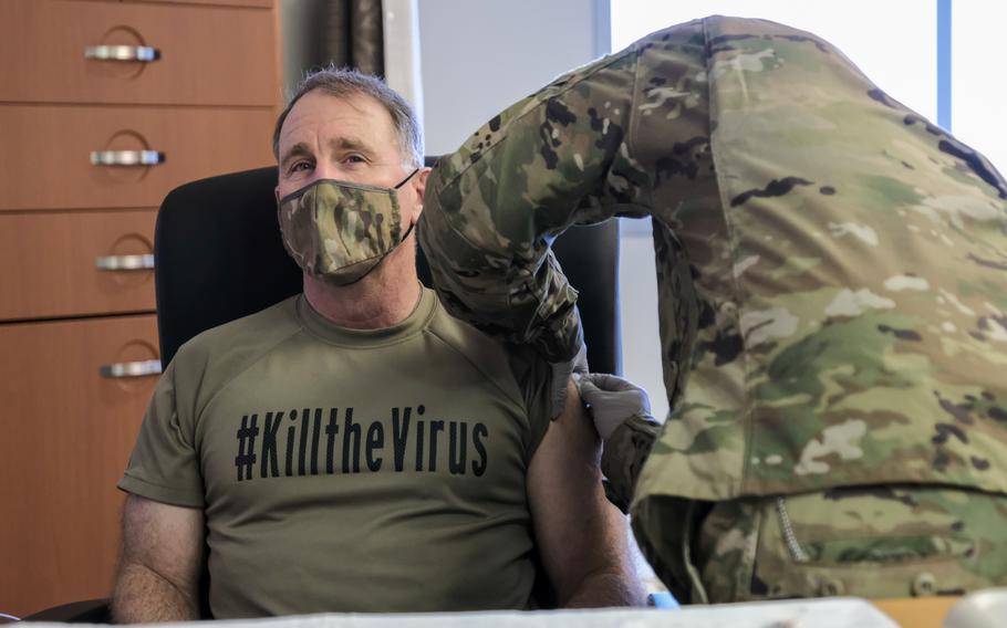 U.S. Forces Korea commander Gen. Robert Abrams prepares to receive the Moderna COVID-19 vaccine at Camp Humphreys, South Korea, Tuesday, Dec. 29, 2020.
