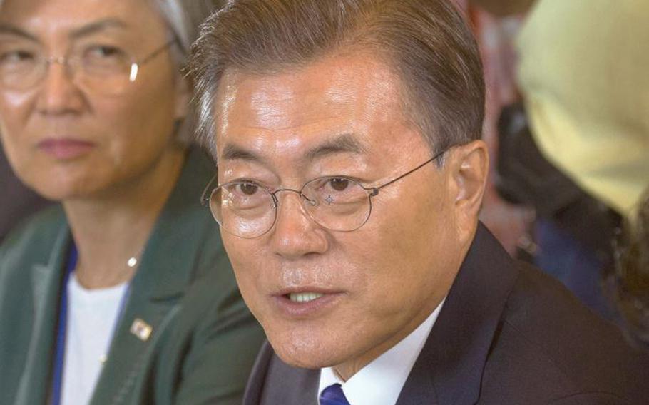 South Korean President Moon Jae-in speaks during a meeting with leaders of Congress on Capitol Hill, June 29, 2017.