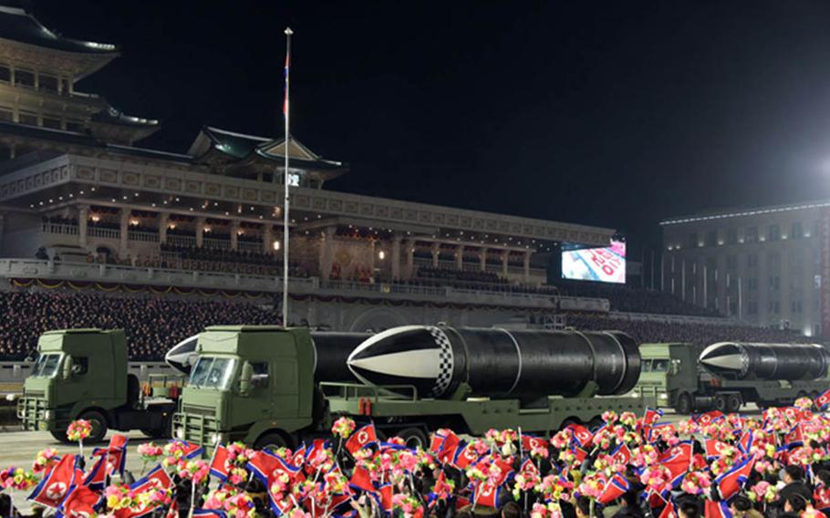 North Korea shows off submarine-launched ballistic missiles during a military parade in Pyongyang in this undated photo from the Korean Central New Agency. 