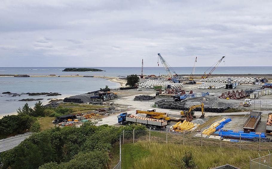 Construction continues on a controversial runway at Camp Schwab, at Marine Corps base on Okinawa, Jan. 19, 2020.