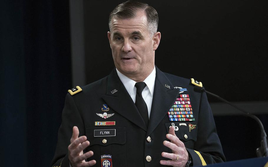 Lt. Gen. Charles Flynn speaks at the Pentagon in Washington, D.C., March 26, 2020.