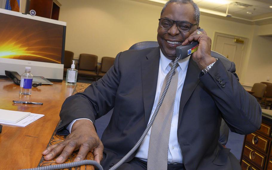 Secretary of Defense Lloyd Austin make his first phone call to Australian Minister of National Defence Linda Reynolds from the Pentagon, Tuesday, Jan. 26, 2021. 