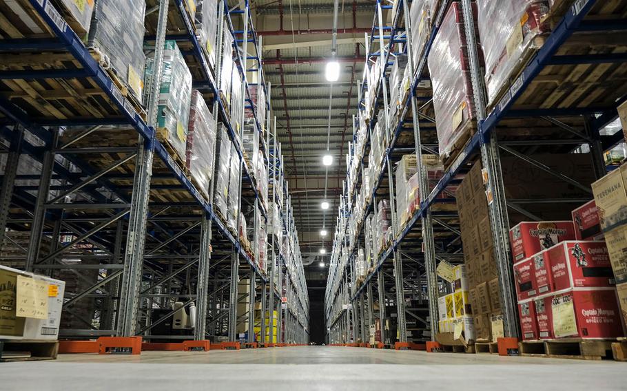 Beverages are stored inside the Army and Air Force Exchange Service's new distribution center at Camp Humphreys, South Korea, Tuesday, Jan. 26, 2021.