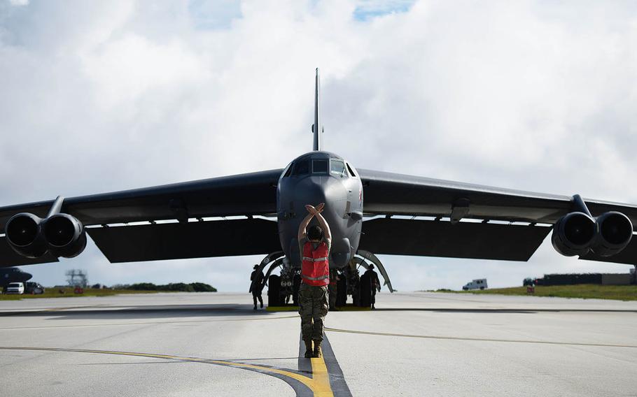 A B-52 Stratofortress assigned to Barksdale Air Force Base, La., arrives at Andersen Air Force Base, Guam, Jan. 26, 2021.