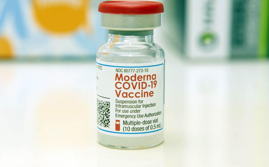 A vial of the Moderna COVID-19 vaccine sits on a table at Andersen Air Force Base, Guam, Jan. 12, 2021.