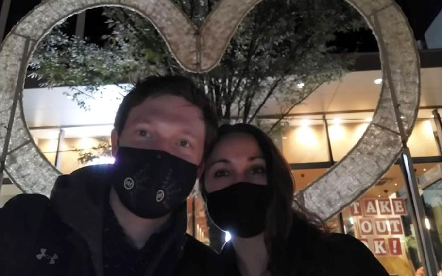 Trevor and Britni Balint pose together in an undated photo. Trevor, 34, was reported missing from Yokota Air Base, Japan. Feb. 1, 2021. 