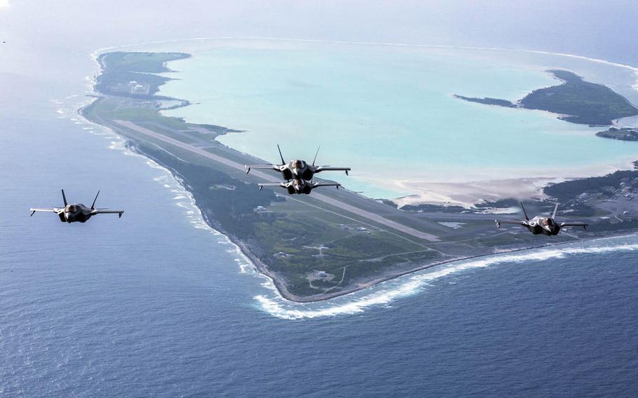 Marine Corps F-35B Lightning II stealth fighters fly over Wake Island, Aug. 1, 2018. 