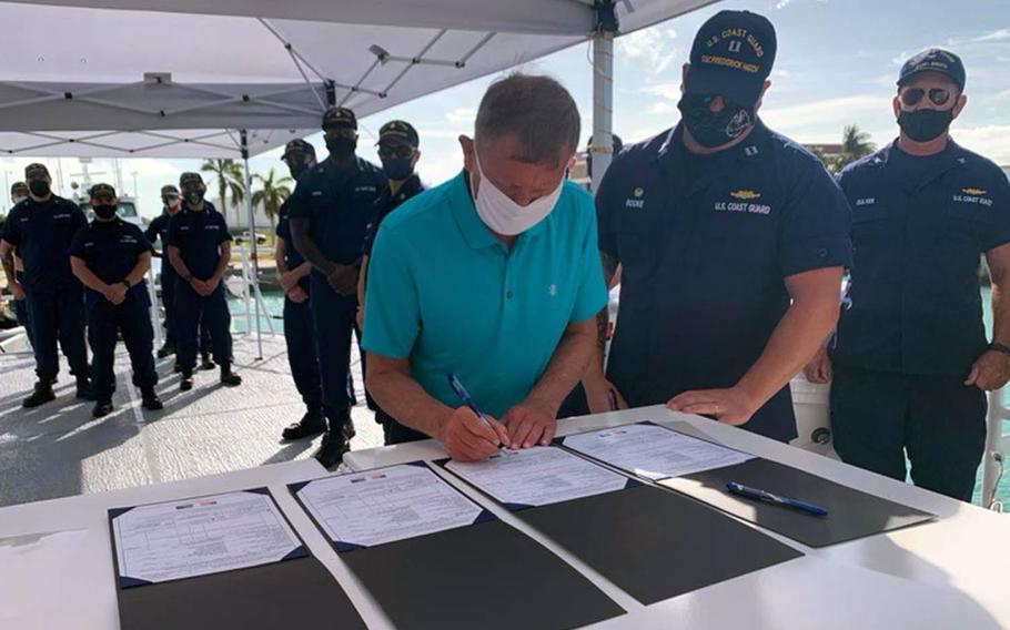 The Coast Guard accepts delivery of its newest Sentinel-class fast response cutter, the Frederick Hatch, in Key West, Fla., Feb. 10, 2021.