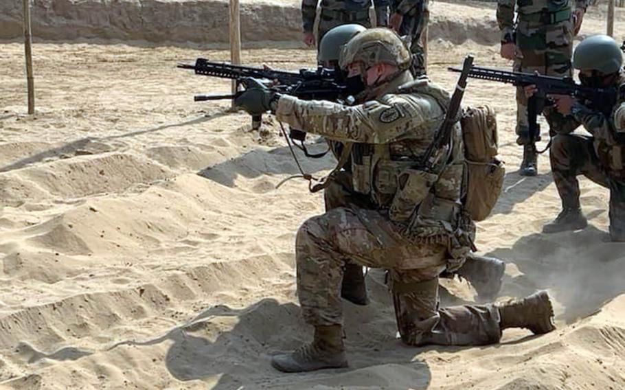 U.S. soldiers from 1st Battalion, 5th Security Force Assistance Brigade train with Indian Army soldiers during the Yudh Abhyas exercise being held through Feb. 21, 2021.