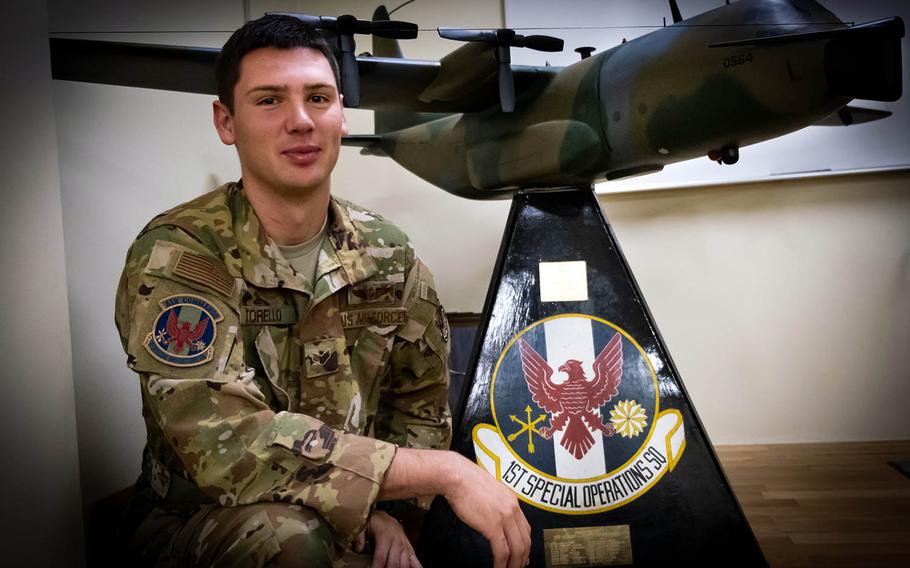 Senior Airman Dante Torello poses at Kadena Air Base, Okinawa, June 25, 2019. 