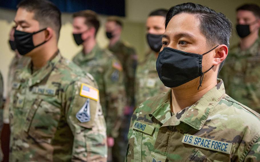 Seventeen airmen at the home of U.S. Forces Japan became Space Force guardians during a ceremony at Yokota Air Base in western Tokyo, Feb. 17, 2021. 