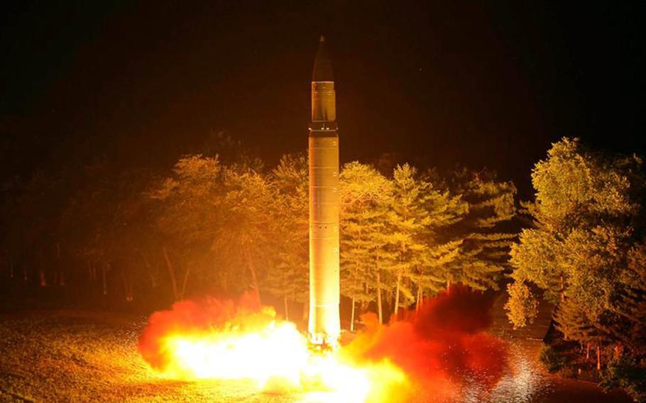 North Korea's Hwasong-14 intercontinental ballistic missile is test-fired in this undated image from the state-run Korean Central News Agency. 