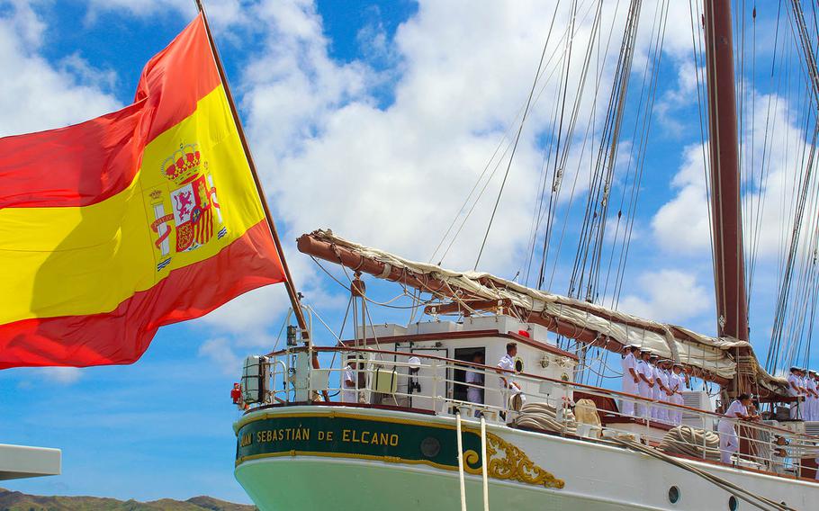 The Spanish Navy training ship Juan Sebastian De Elcano arrives at Naval Base Guam, Friday, Feb. 26, 2021. Its visit commemorates the 500th anniversary of the Magellan-Elcano circumnavigation.
