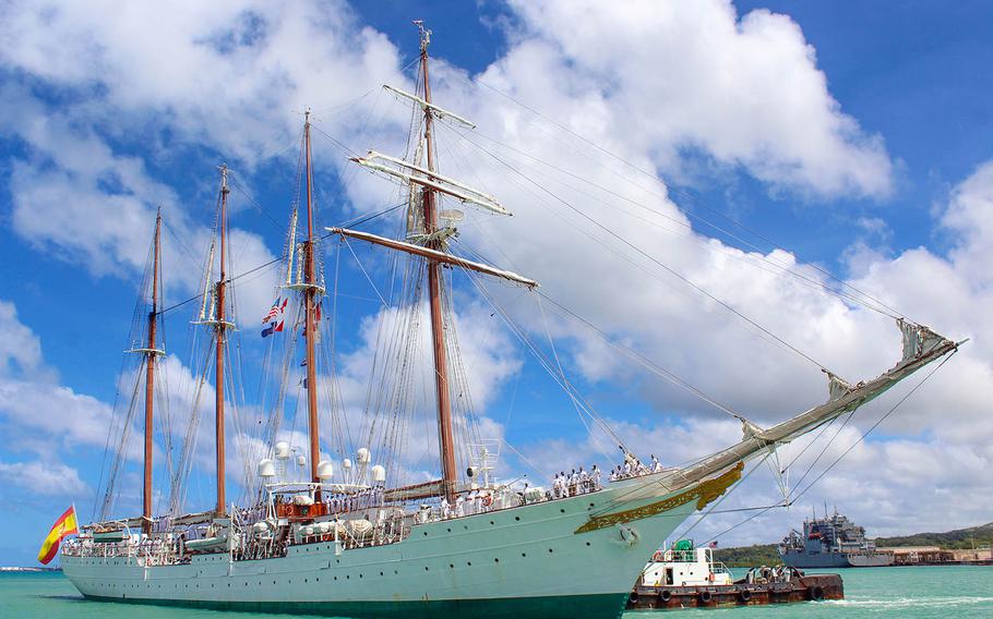 The Spanish Navy training ship Juan Sebastian De Elcano arrives at Naval Base Guam, Friday, Feb. 26, 2021. Its visit commemorates the 500th anniversary of the Magellan-Elcano circumnavigation.