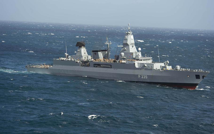 The German navy frigate FGS Hamburg steams through the Mediterranean Sea, March 11, 2013. 