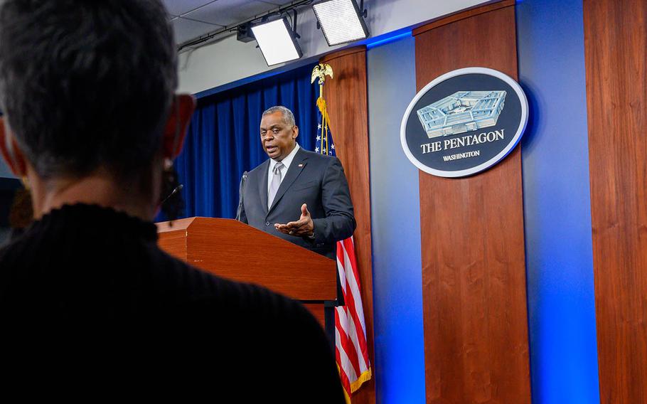 Secretary of Defense Lloyd Austin speaks with reporters inside the Pentagon briefing room, Feb. 19, 2021.