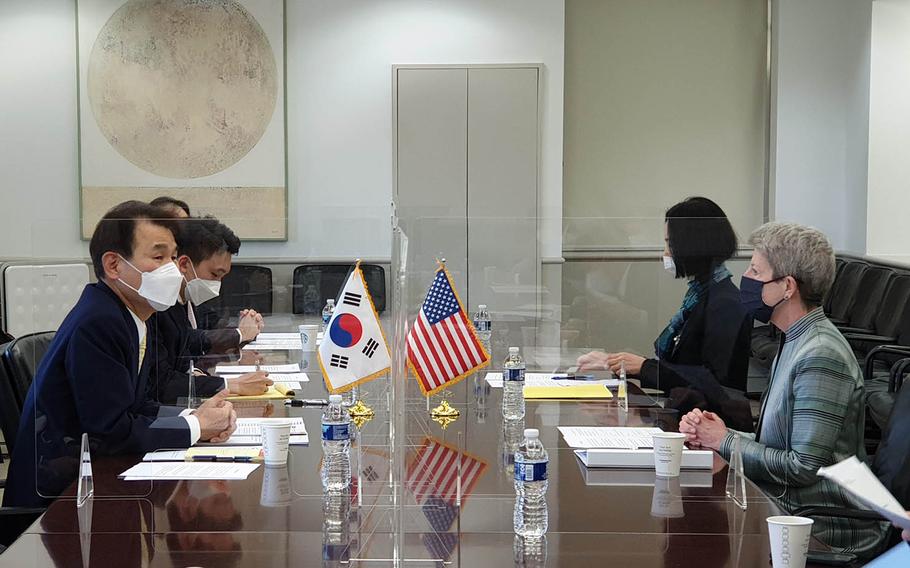 Representatives from the United States and South Korea negotiate the military cost-sharing agreement in Washington, D.C., in this undated photo from South Korea's Ministry of Foreign Affairs. 
