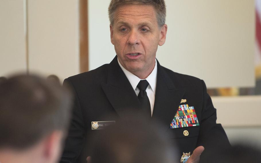 In a March 7, 2019 photo, Adm. Phil Davidson speaks with the media during a visit to Singapore.