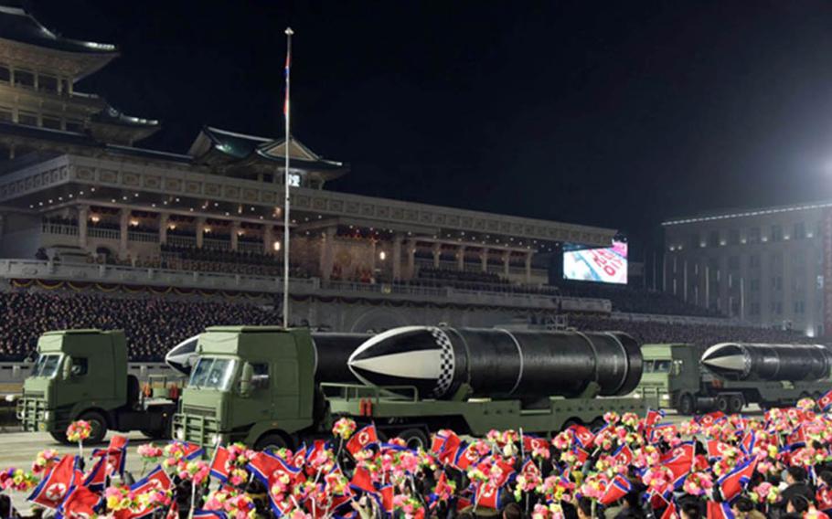 North Korea shows off submarine-launched ballistic missiles during a military parade in Pyongyang in this undated photo from the Korean Central New Agency.