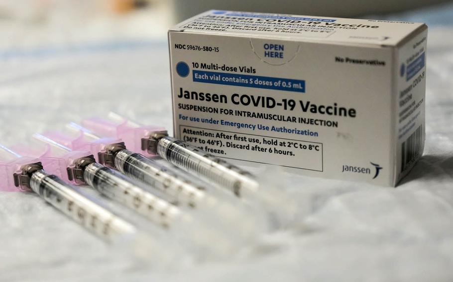 Doses of the one-shot Janssen COVID-19 vaccine by Johnson & Johnson were administered to troops at Osan Air Base, South Korea, Thursday, March 11, 2021.