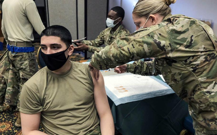 A 51st Fighter Wing airman receives the Johnson & Johnson COVID-19 vaccine at Osan Air Base, South Korea, Thursday, March 11, 2021.
