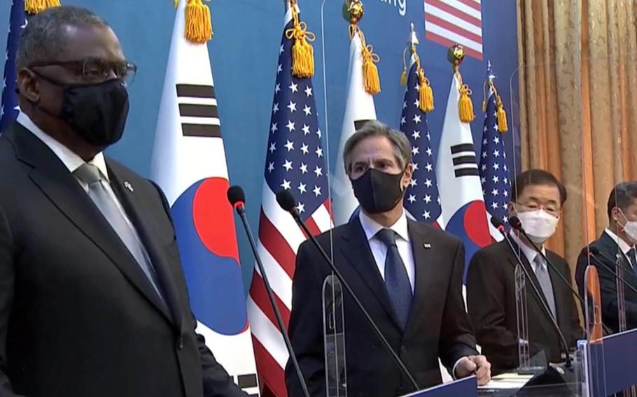 Defense Secretary Lloyd Austin speaks at a press conference in Seoul with Secretary of State Antony Blinken and their South Korean counterparts, Minister of Defense Suh Wook and Foreign Minister Chung Eui-yong, Thursday, March 18, 2021. 