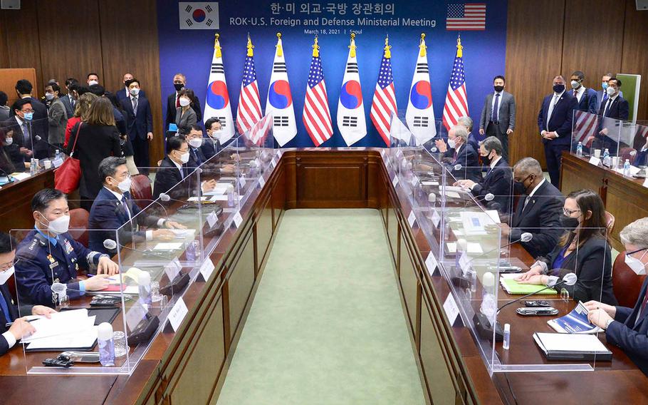 Defense Secretary Lloyd Austin and Secretary of State Antony Blinken meet in Seoul and their South Korean counterparts, Minister of Defense Suh Wook and Foreign Minister Chung Eui-yong, Thursday, March 18, 2021.