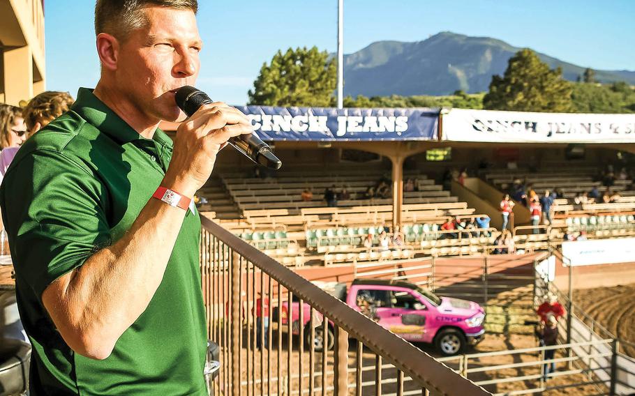 Brig. Gen. Joseph Ryan, then serving as acting senior commander of the 4th Infantry Division and Fort Carson, Colo., speaks at the Pikes Peak or Bust Rodeo in Colorado Springs, July 10, 2019.