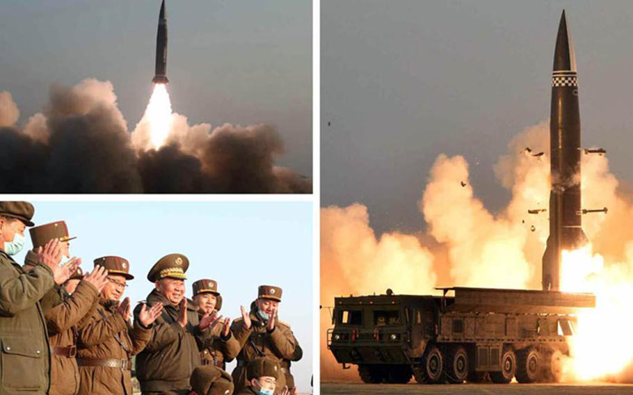 This photo collage published by North Korea's Rodong Sinmun newspaper Friday, March 26, 2021, purports to show the launch of a "newly-developed, new type" of missile the previous day. 