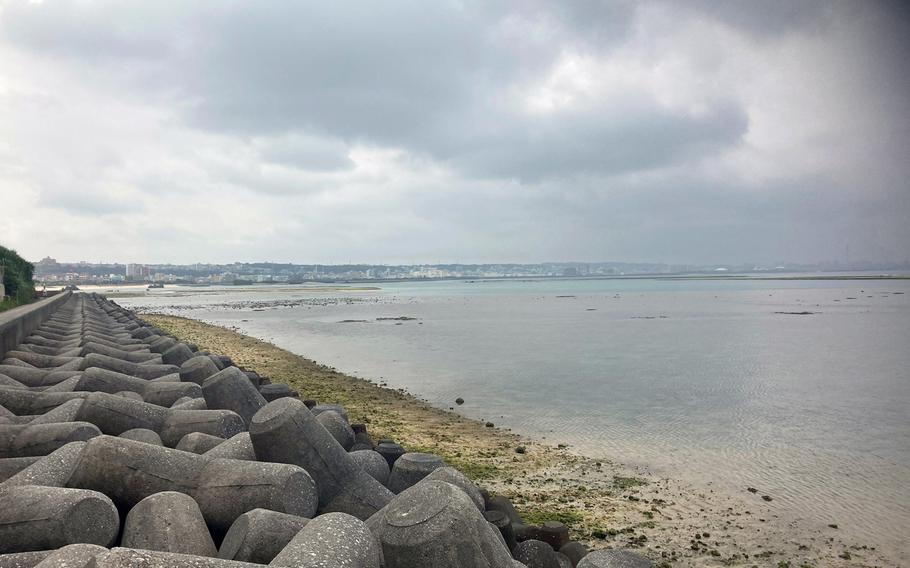 The waters off the Mihama area of Chatan town in Okinawa on March 29, 2021, two days after an Air Force civilian employee drowned in the area while swimming with a friend.