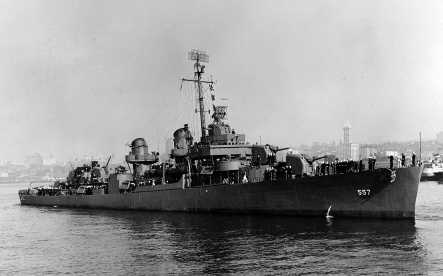 The destroyer USS Johnston floats in a harbor in Washington state Oct. 27, 1943.