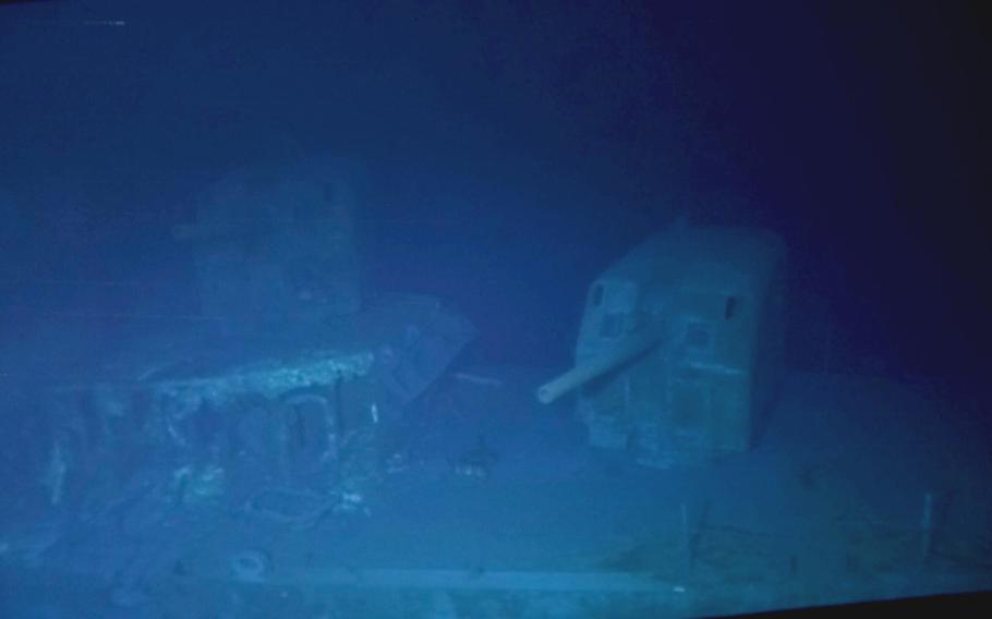 A gun turret on the USS Johnston, which sank Oct. 25, 1944, in the Battle off Samar, photographed in March 2021.